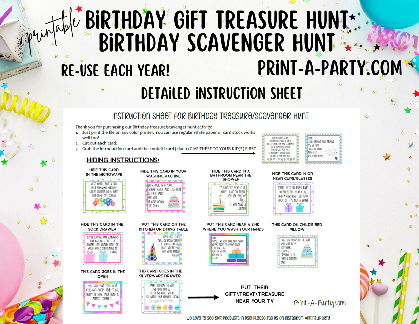 BIRTHDAY GIFT TREASURE SCAVENGER HUNT CLUES | Birthday Scavenger Hunt | Birthday Printables | Birthday Activity | Kids Birthday | Birthday Gift Tags - INSTANT DOWNLOAD