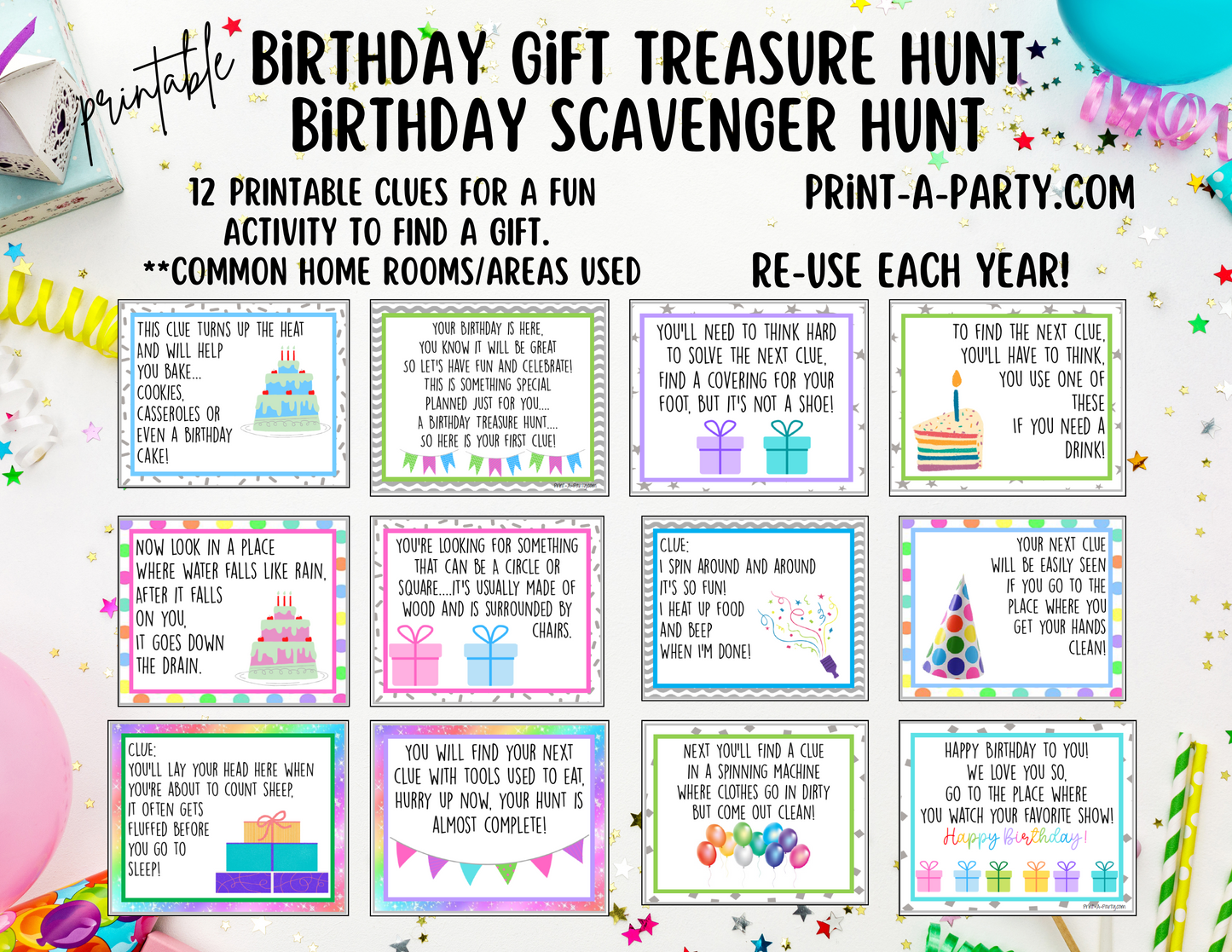 BIRTHDAY GIFT TREASURE SCAVENGER HUNT CLUES | Birthday Scavenger Hunt | Birthday Printables | Birthday Activity | Kids Birthday | Birthday Gift Tags - INSTANT DOWNLOAD