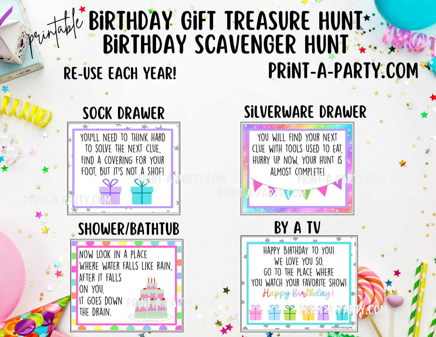 BIRTHDAY GIFT TREASURE SCAVENGER HUNT CLUES | Birthday Scavenger Hunt | Birthday Printables | Birthday Activity | Kids Birthday | Birthday Gift Tags - INSTANT DOWNLOAD