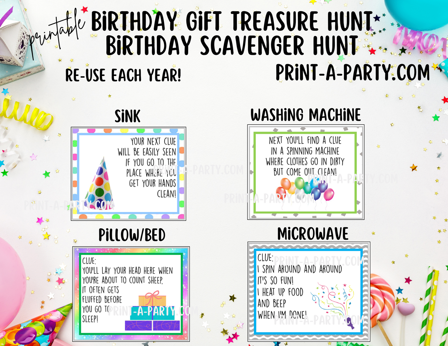 BIRTHDAY GIFT TREASURE SCAVENGER HUNT CLUES | Birthday Scavenger Hunt | Birthday Printables | Birthday Activity | Kids Birthday | Birthday Gift Tags - INSTANT DOWNLOAD