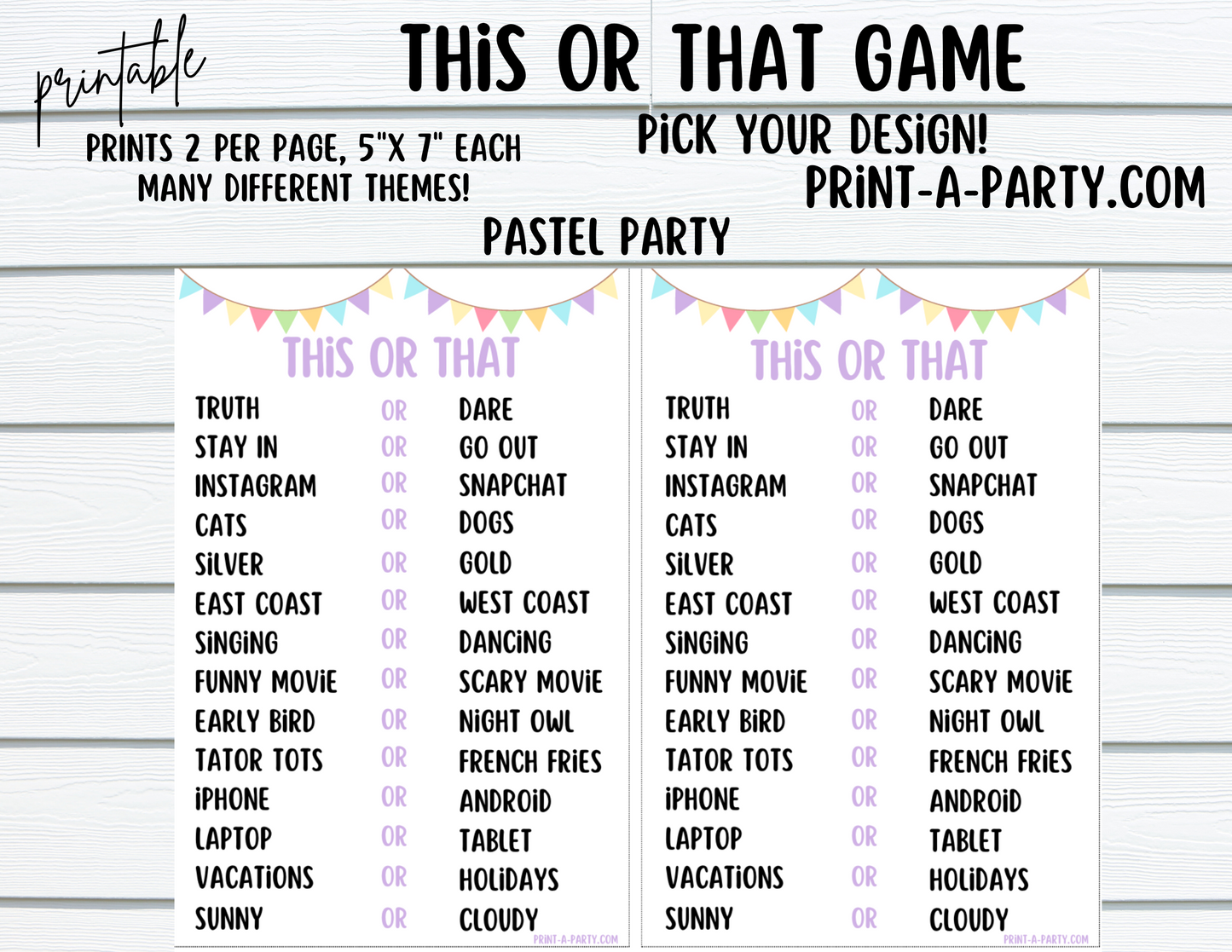 THIS OR THAT GAME | Game Printable | 2 games per page | Birthday Game | Party Game | School Game | Instant Download