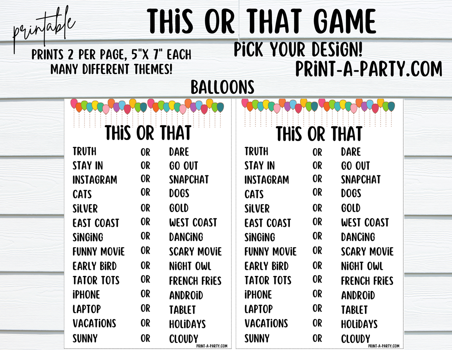 THIS OR THAT GAME | Game Printable | 2 games per page | Birthday Game | Party Game | School Game | Instant Download