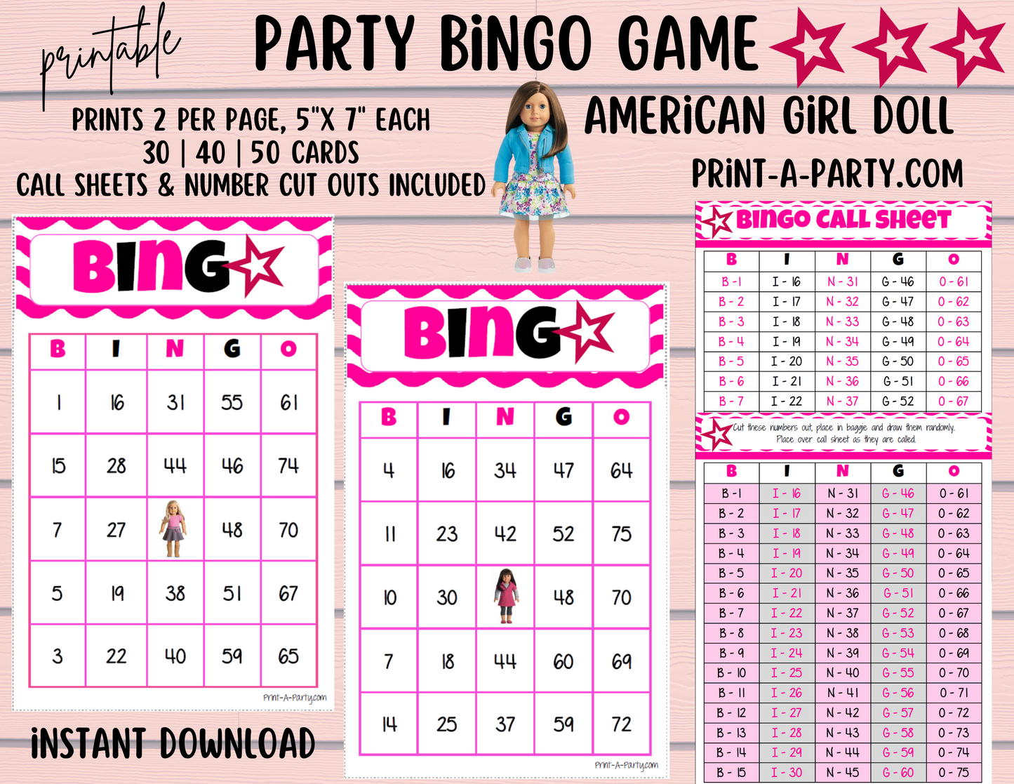 BINGO: American Girl Doll Bingo |  American Girl Doll Parties | Birthday | 30, 40, or 50 cards - INSTANT DOWNLOAD