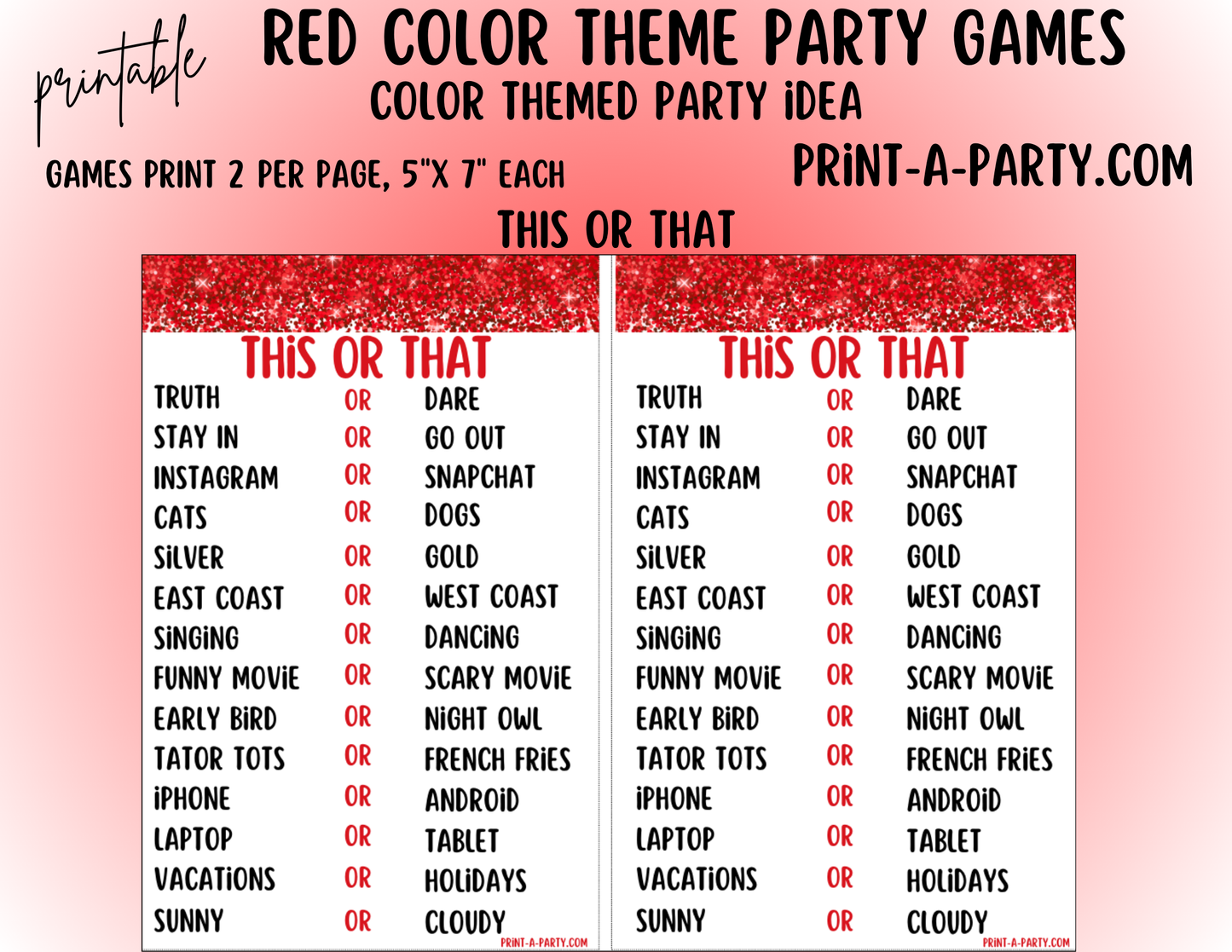 GAMES: COLOR PARTY RED THEME | Color Party | Red Party Games | Red Party Ideas | INSTANT DOWNLOAD