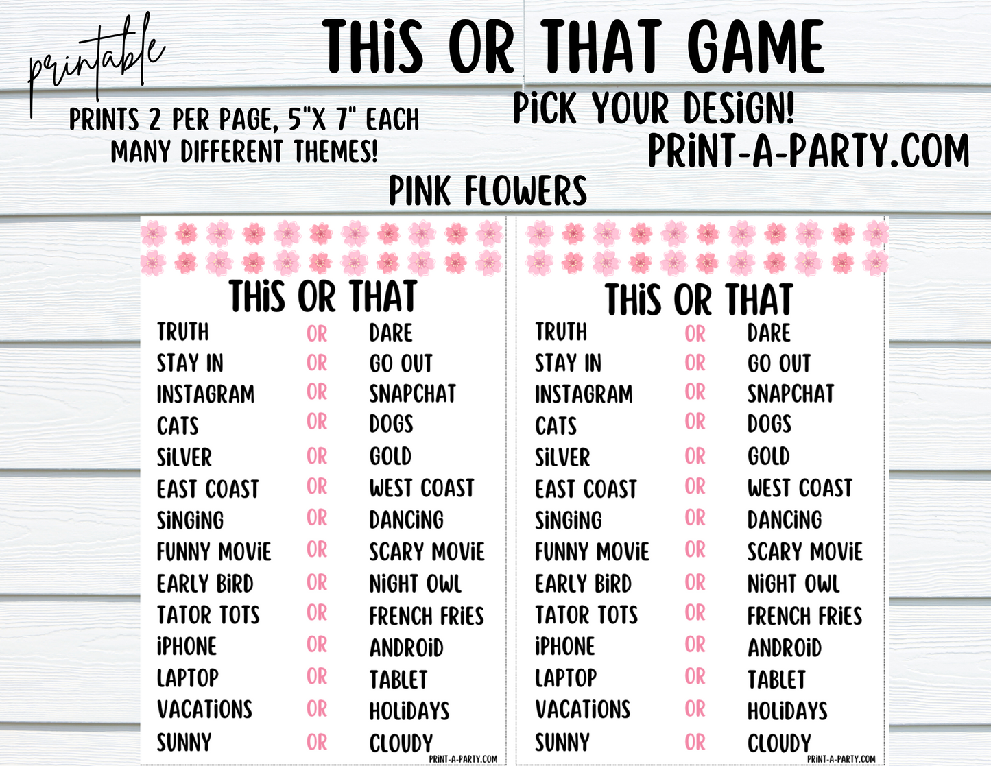 THIS OR THAT GAME | Game Printable | 2 games per page | Birthday Game | Party Game | School Game | Instant Download