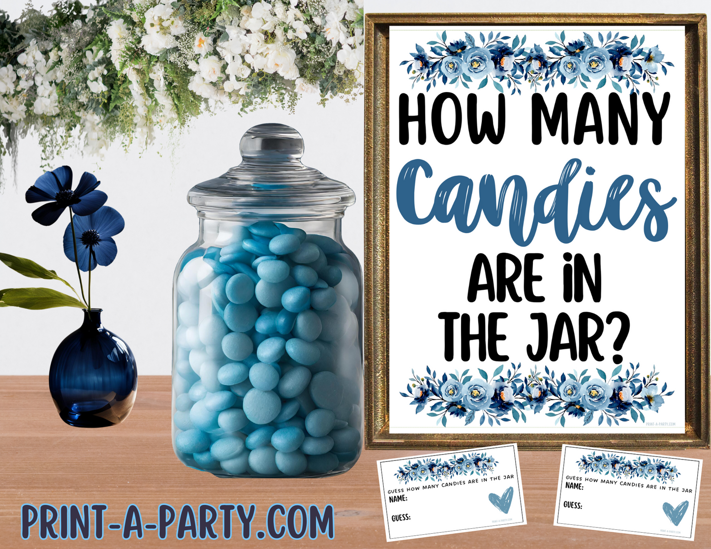 CANDY JAR GUESSING GAME | How many candies in jar | Blue Florals | Bridal Shower Game | Bridal Shower Decor | Wedding Shower Activity | Same Sex Wedding Shower Activities | Printable