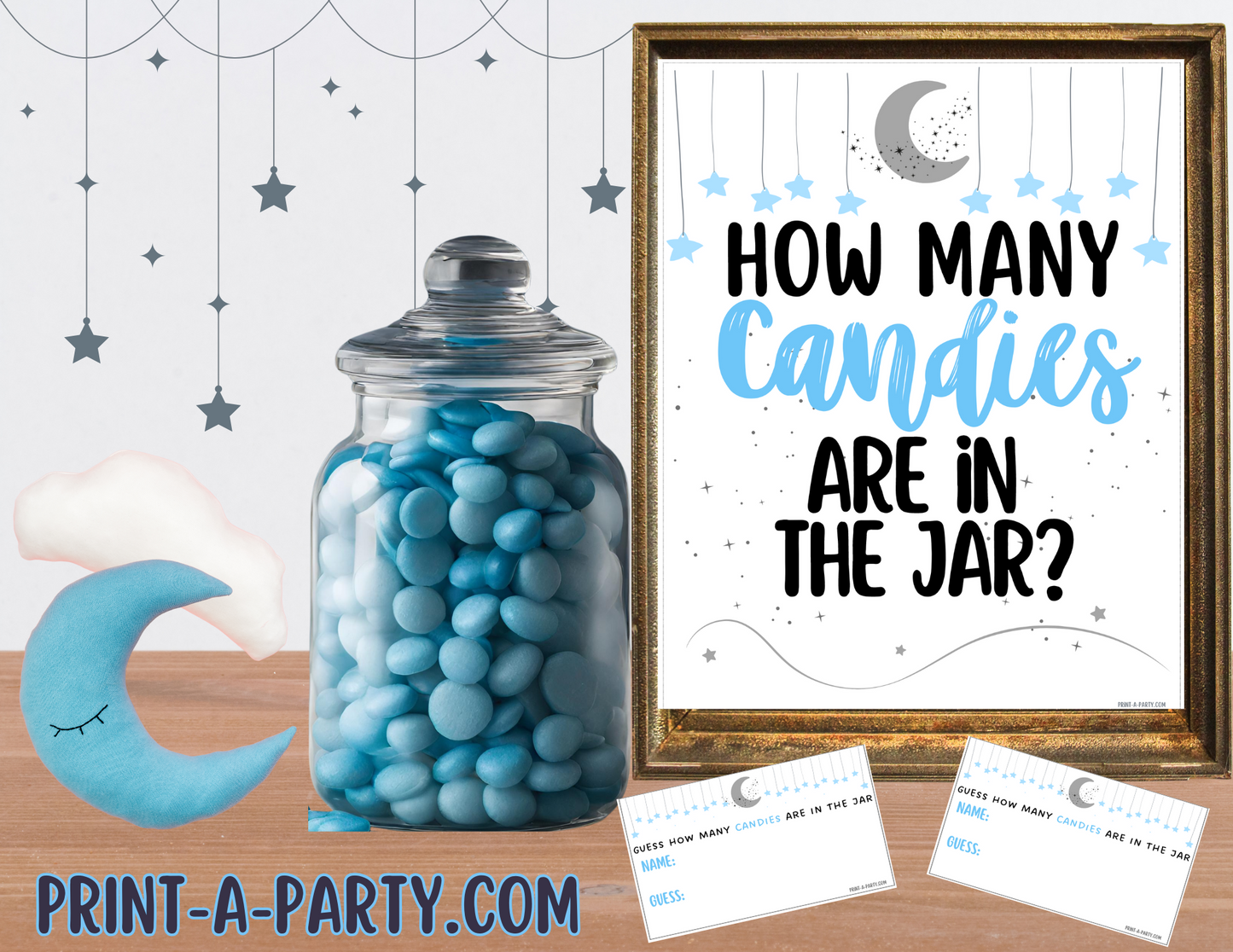 CANDY JAR GUESSING GAME | How many candies in jar | Celestial Moon and Stars Theme Blue Boy | Baby Shower Game | Celestial Moon and Stars Baby Shower | Celestial Moon and Stars Party | Printable