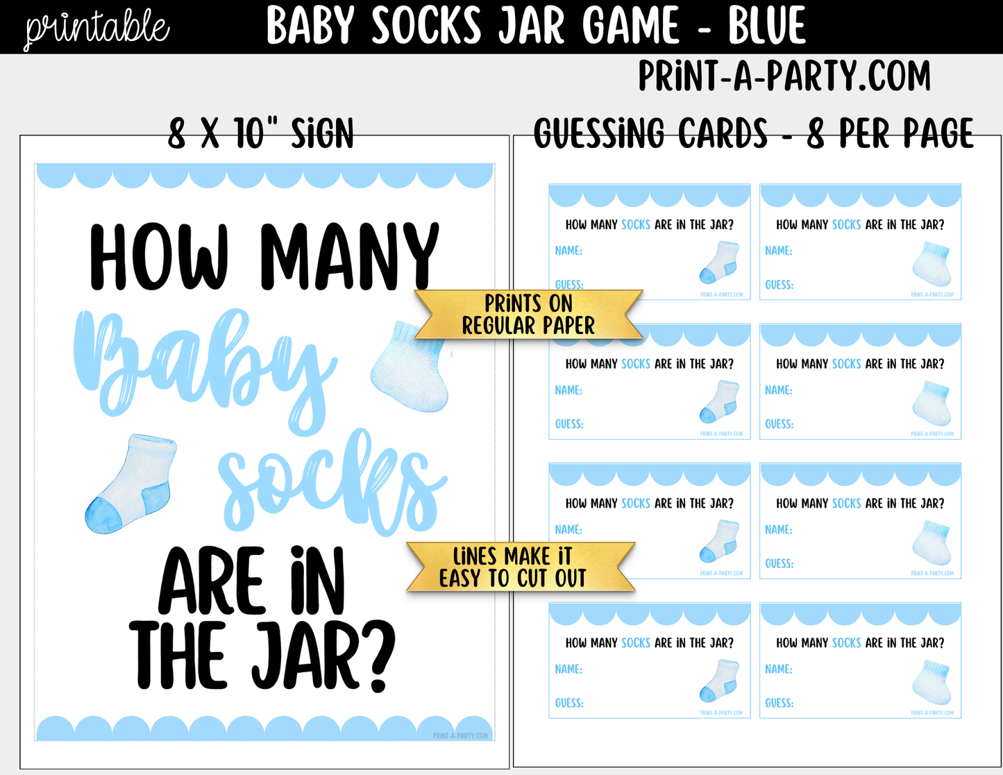 Baby Socks Jar Guessing Game Printable Sign (8x10) & Guessing Cards for Baby Boy Events