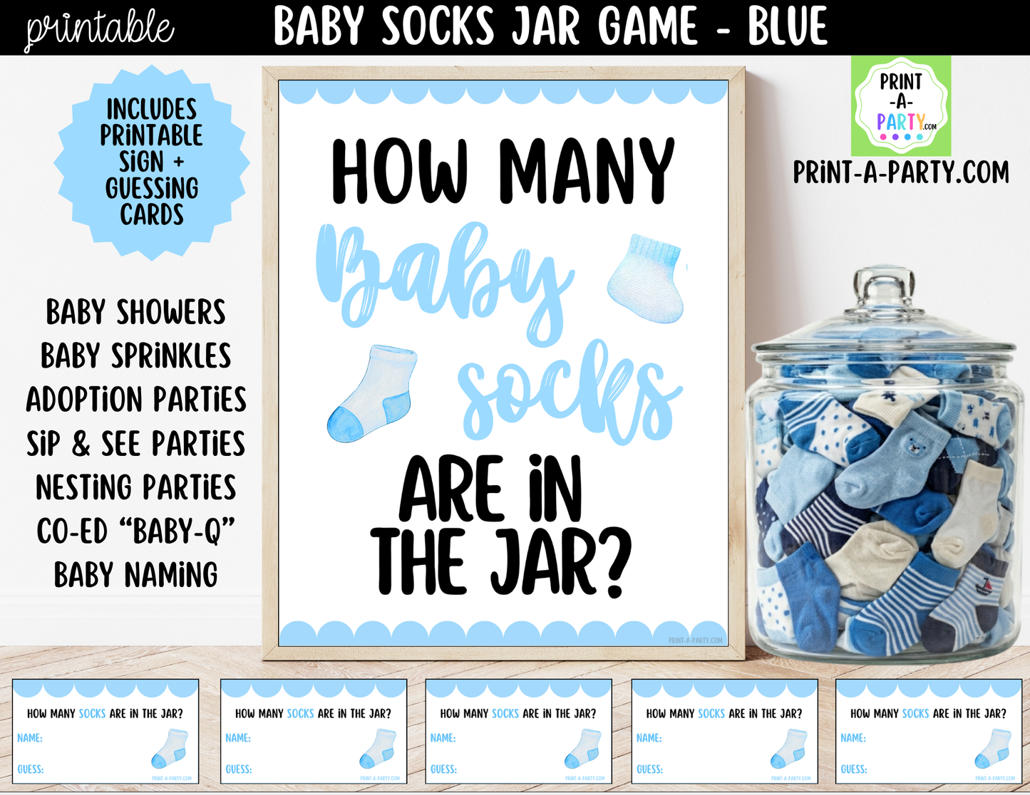 Baby Socks Jar Guessing Game Printable Sign (8x10) & Guessing Cards for Baby Boy Events