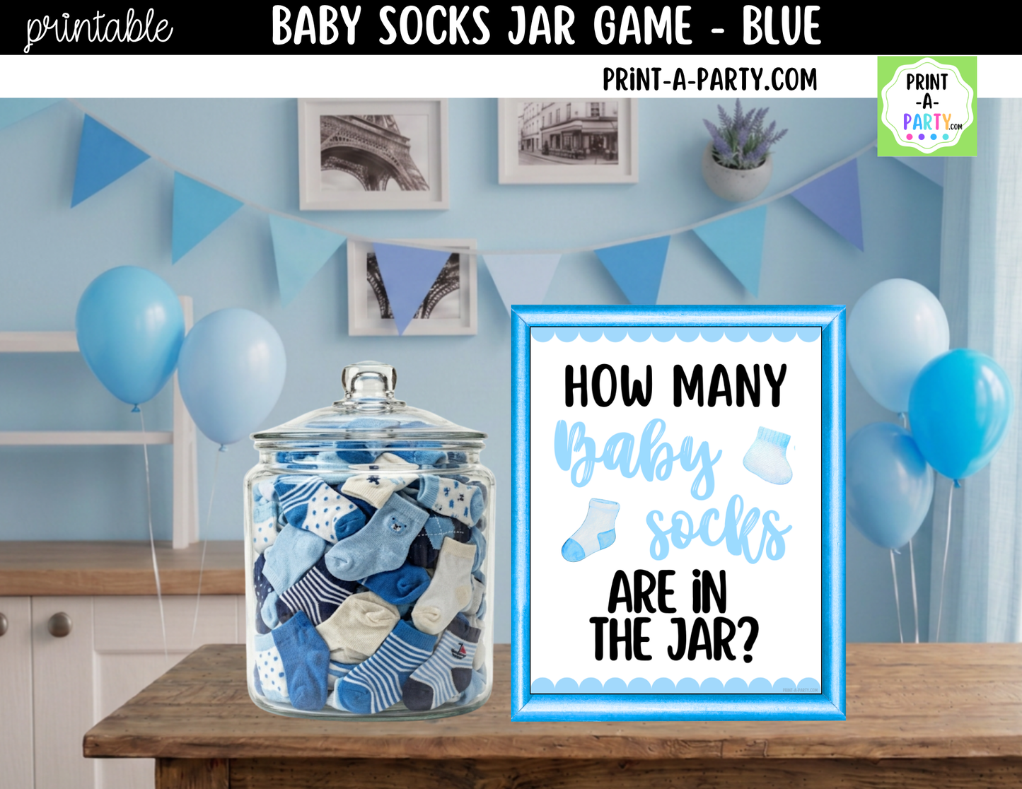 Baby Socks Jar Guessing Game Printable Sign (8x10) & Guessing Cards for Baby Boy Events