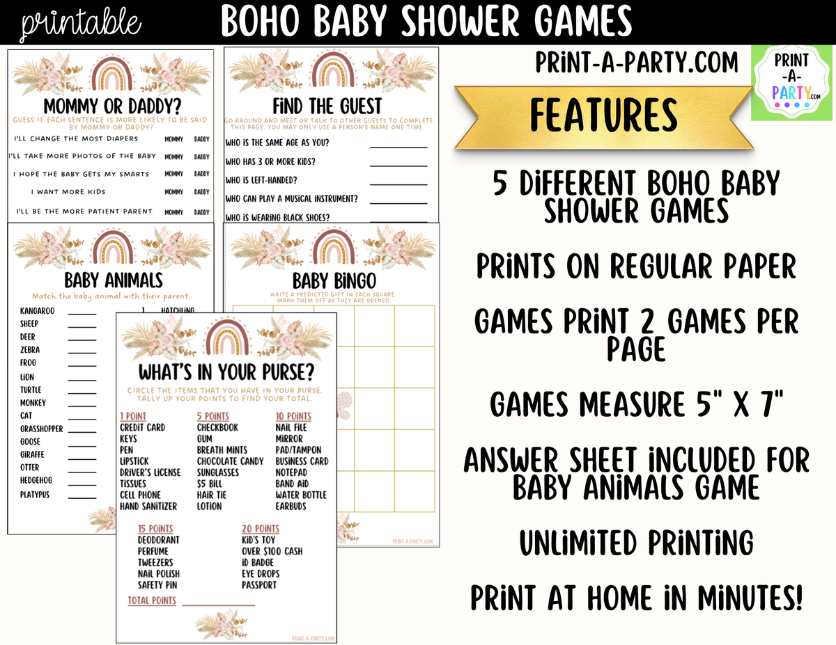 Boho Baby Shower Games Printable