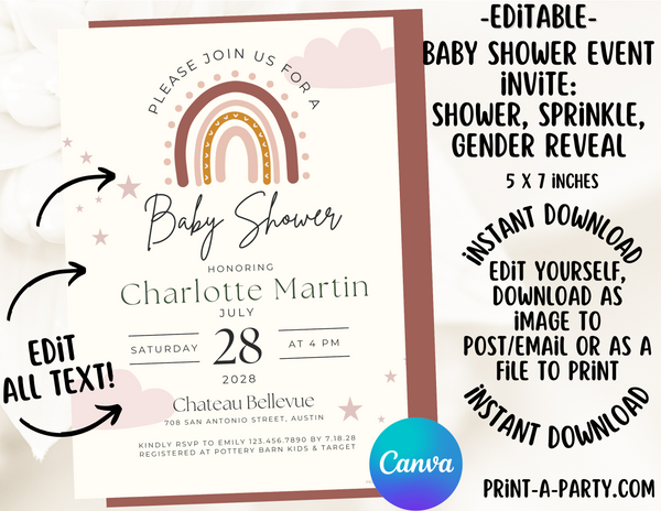 BABY SHOWER INVITE - EDITABLE PRINTABLE | Boho Theme | Boho Chic Baby Shower Invitation Customization