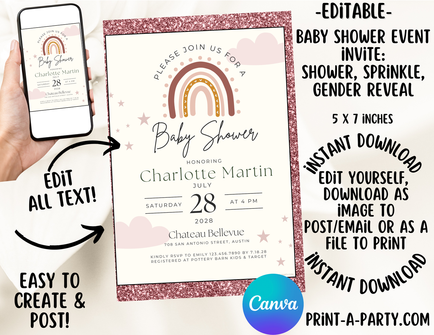 BABY SHOWER INVITE - EDITABLE PRINTABLE | Boho Theme | Boho Chic Baby Shower Invitation Customization