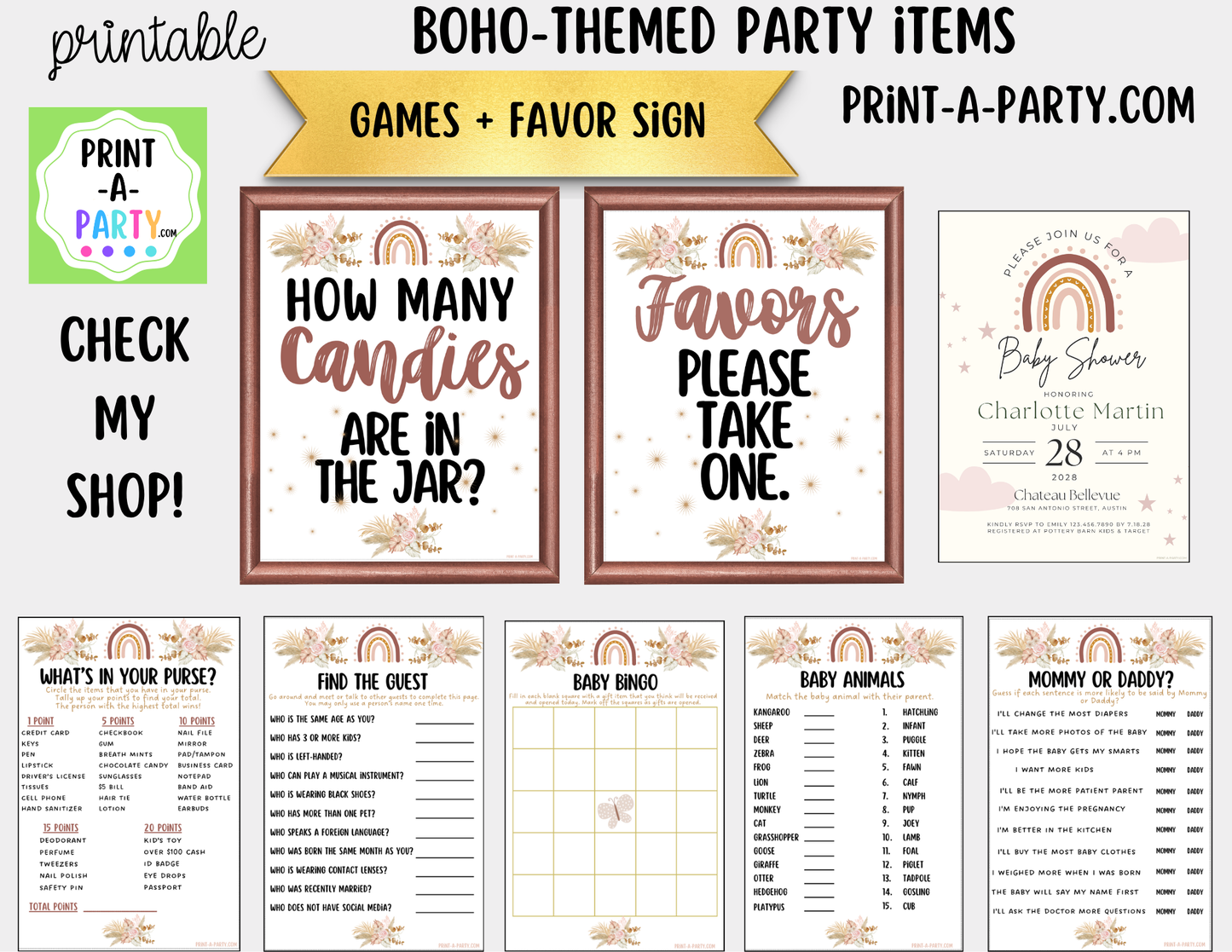 Boho Candy Jar Guessing Game Printable Sign (8x10) & Guessing Cards - Showers, Parties, Neutral Events
