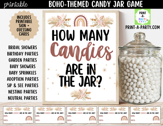 Boho Candy Jar Guessing Game Printable Sign (8x10) & Guessing Cards - Showers, Parties, Neutral Events