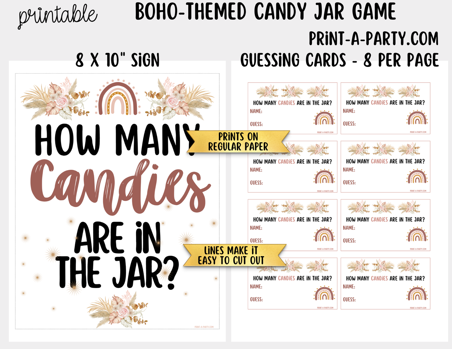 Boho Candy Jar Guessing Game Printable Sign (8x10) & Guessing Cards - Showers, Parties, Neutral Events