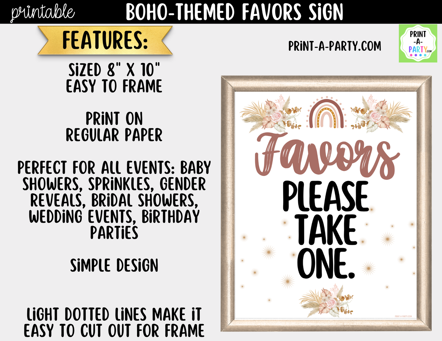 Boho Favors Printable Sign (8x10) – For Parties, Showers and Events