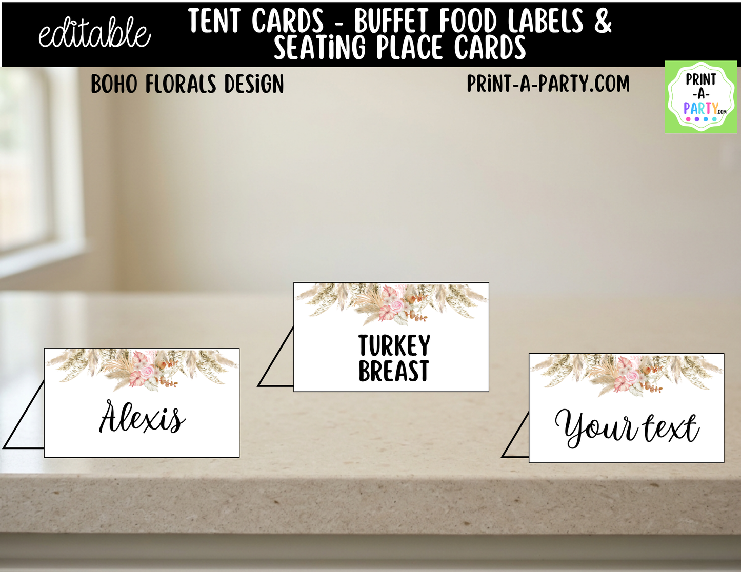 Editable Boho Floral Buffet Labels & Place Cards for Parties, Showers and Events