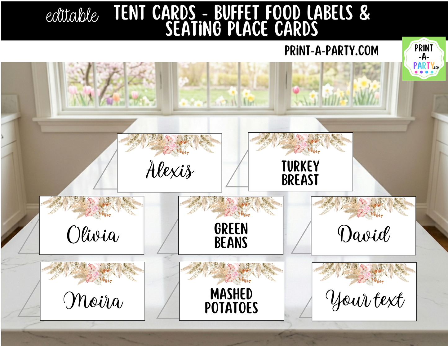 Editable Boho Floral Buffet Labels & Place Cards for Parties, Showers and Events