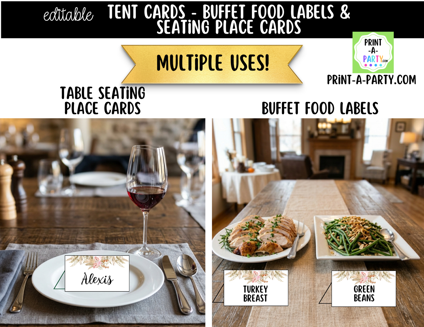Editable Boho Floral Buffet Labels & Place Cards for Parties, Showers and Events