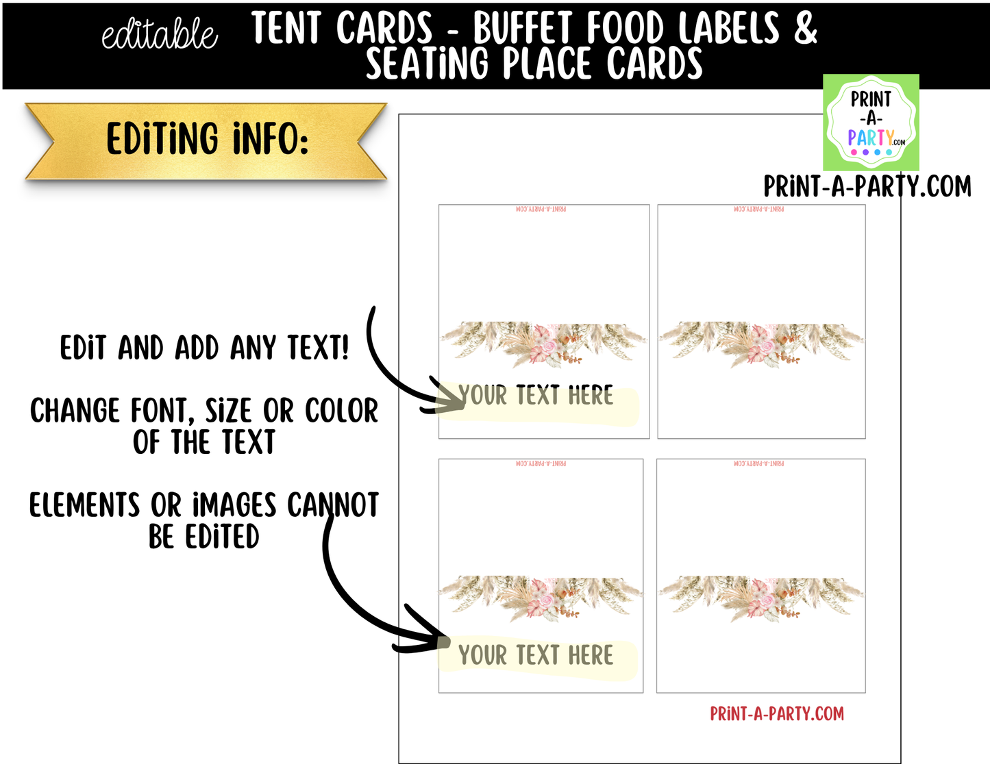 Editable Boho Floral Buffet Labels & Place Cards for Parties, Showers and Events