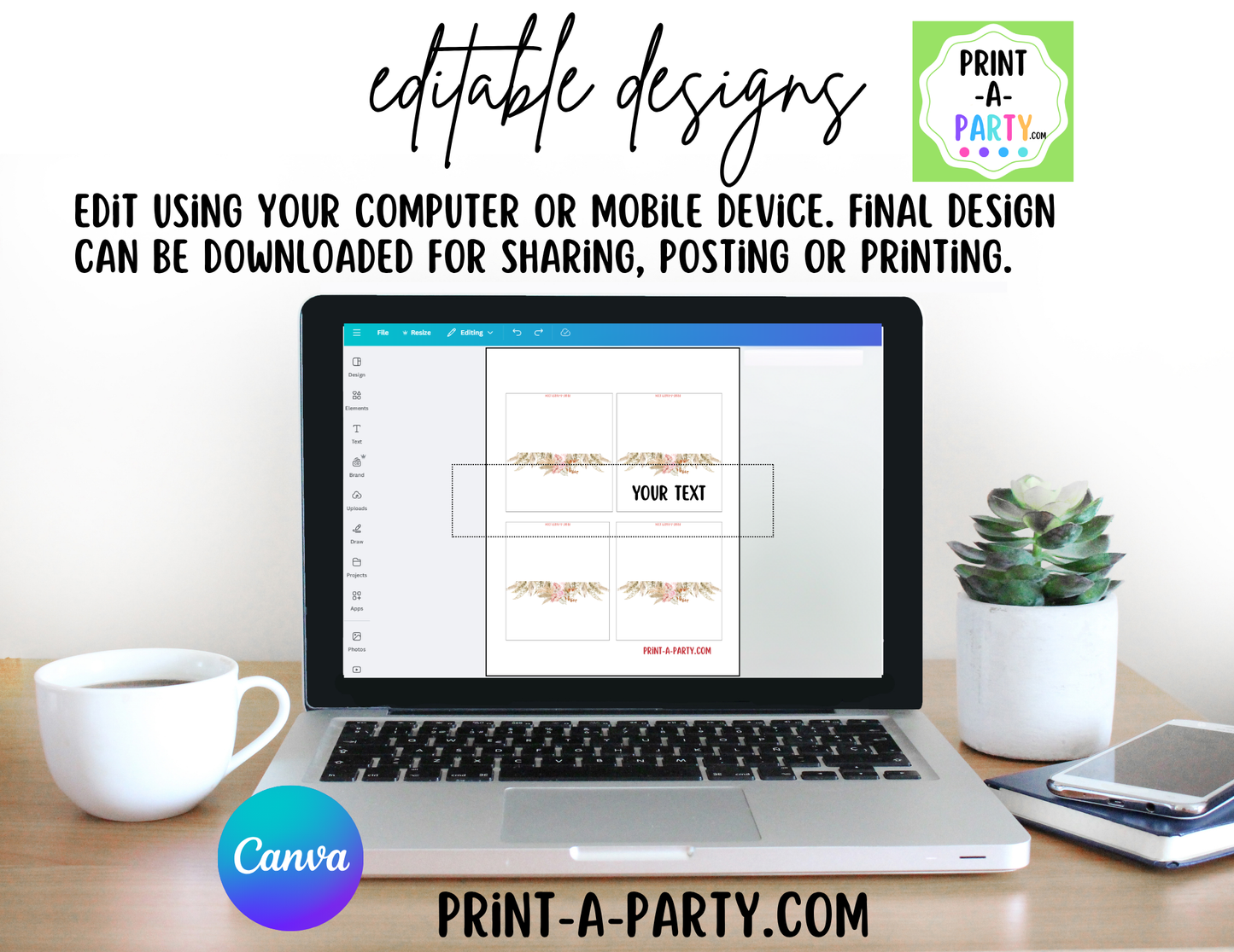 Editable Boho Floral Buffet Labels & Place Cards for Parties, Showers and Events