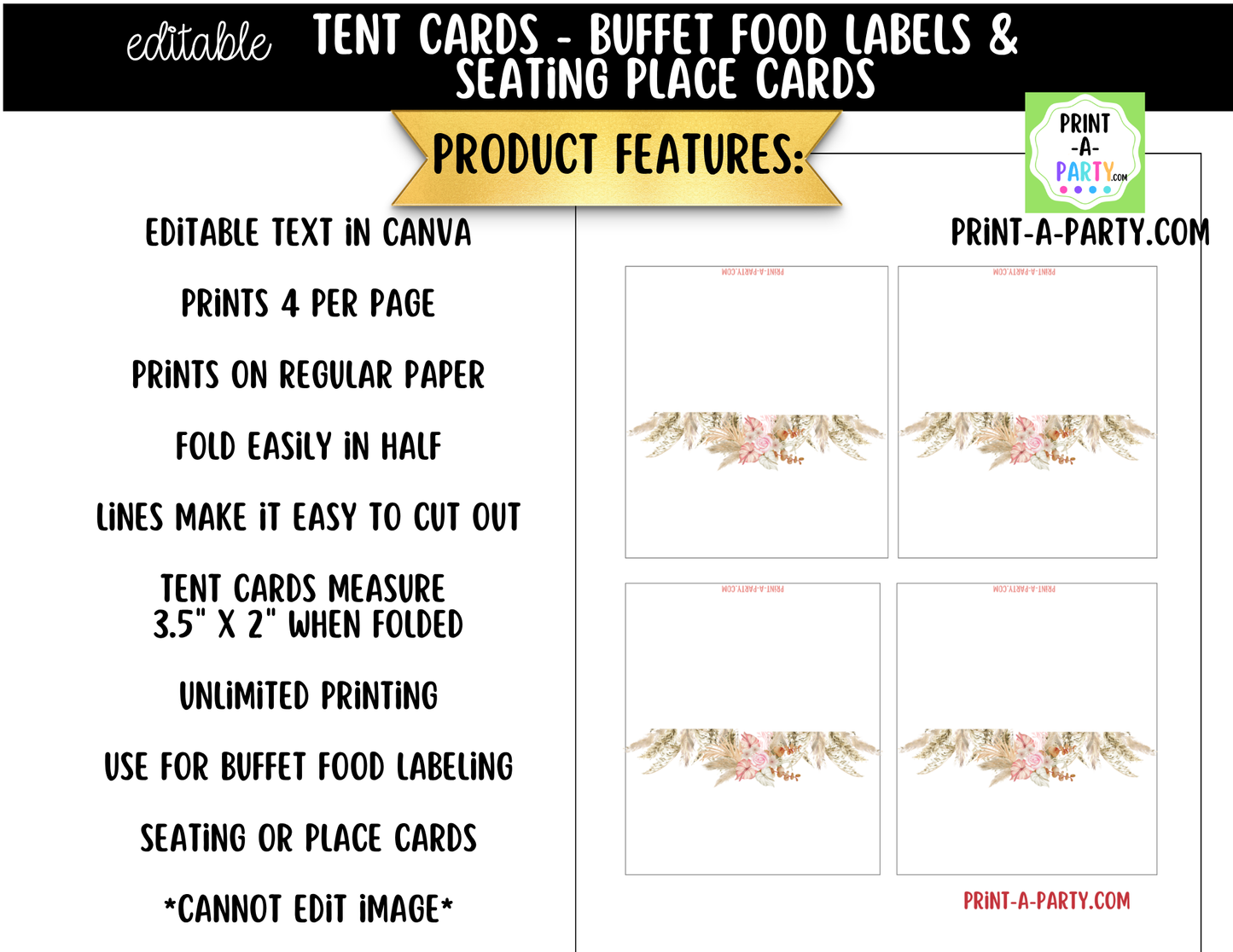 Editable Boho Floral Buffet Labels & Place Cards for Parties, Showers and Events