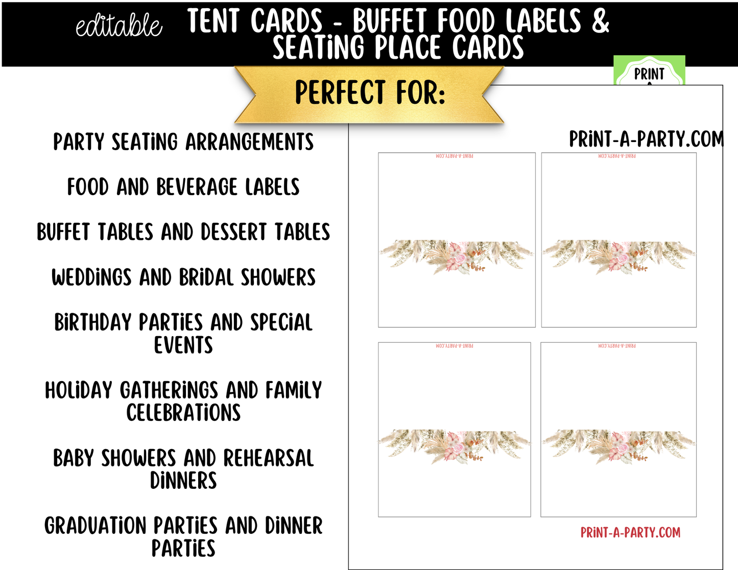 Editable Boho Floral Buffet Labels & Place Cards for Parties, Showers and Events