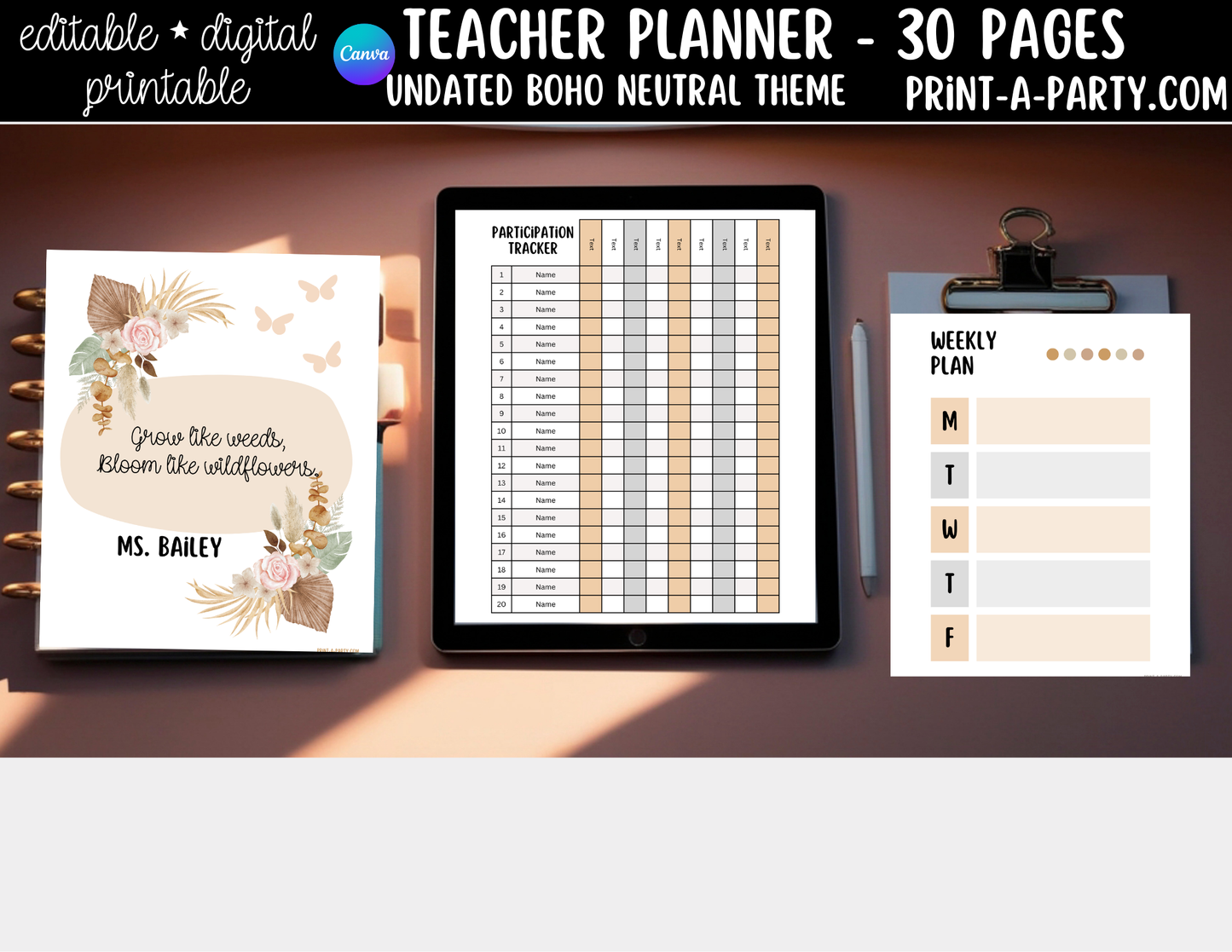 PLANNER: Editable Boho Neutral Teacher Planner | 30-Page Undated Canva Template w/ Covers