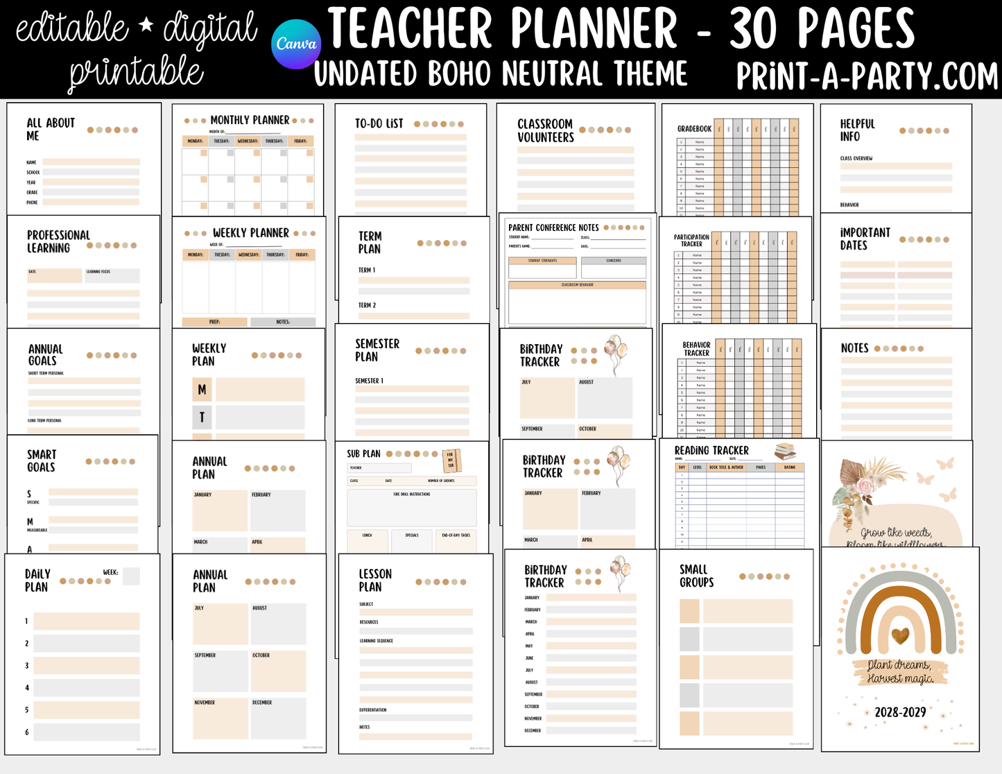 PLANNER: Editable Boho Neutral Teacher Planner | 30-Page Undated Canva Template w/ Covers