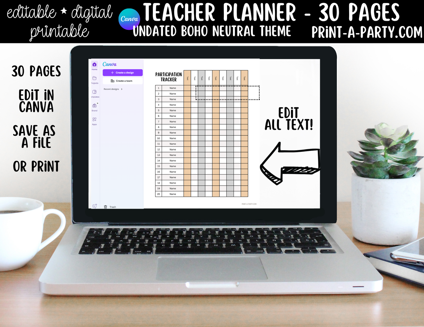 PLANNER: Editable Boho Neutral Teacher Planner | 30-Page Undated Canva Template w/ Covers