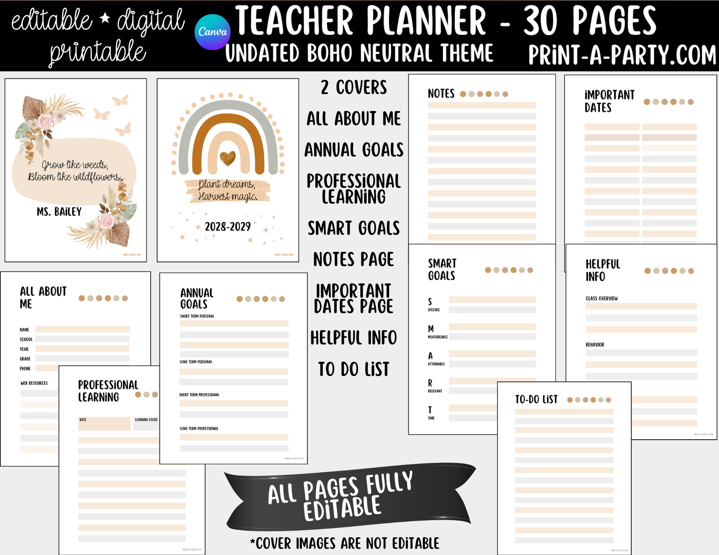 PLANNER: Editable Boho Neutral Teacher Planner | 30-Page Undated Canva Template w/ Covers