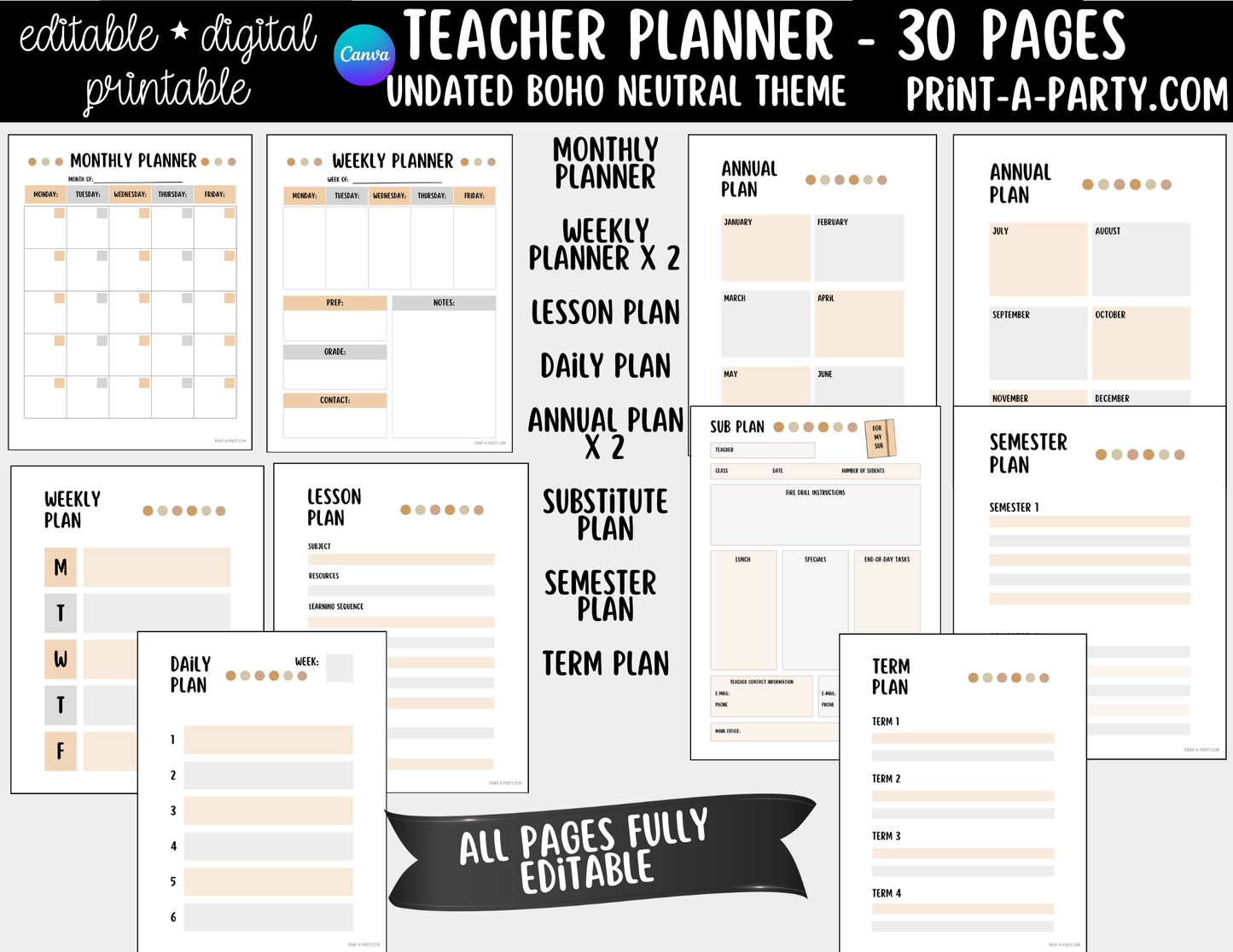 PLANNER: Editable Boho Neutral Teacher Planner | 30-Page Undated Canva Template w/ Covers