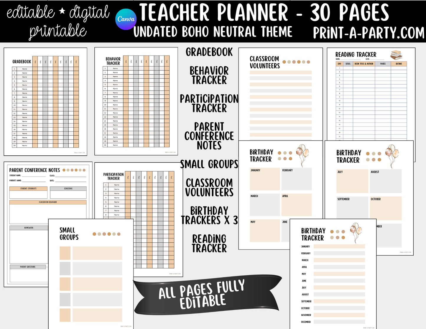 PLANNER: Editable Boho Neutral Teacher Planner | 30-Page Undated Canva Template w/ Covers