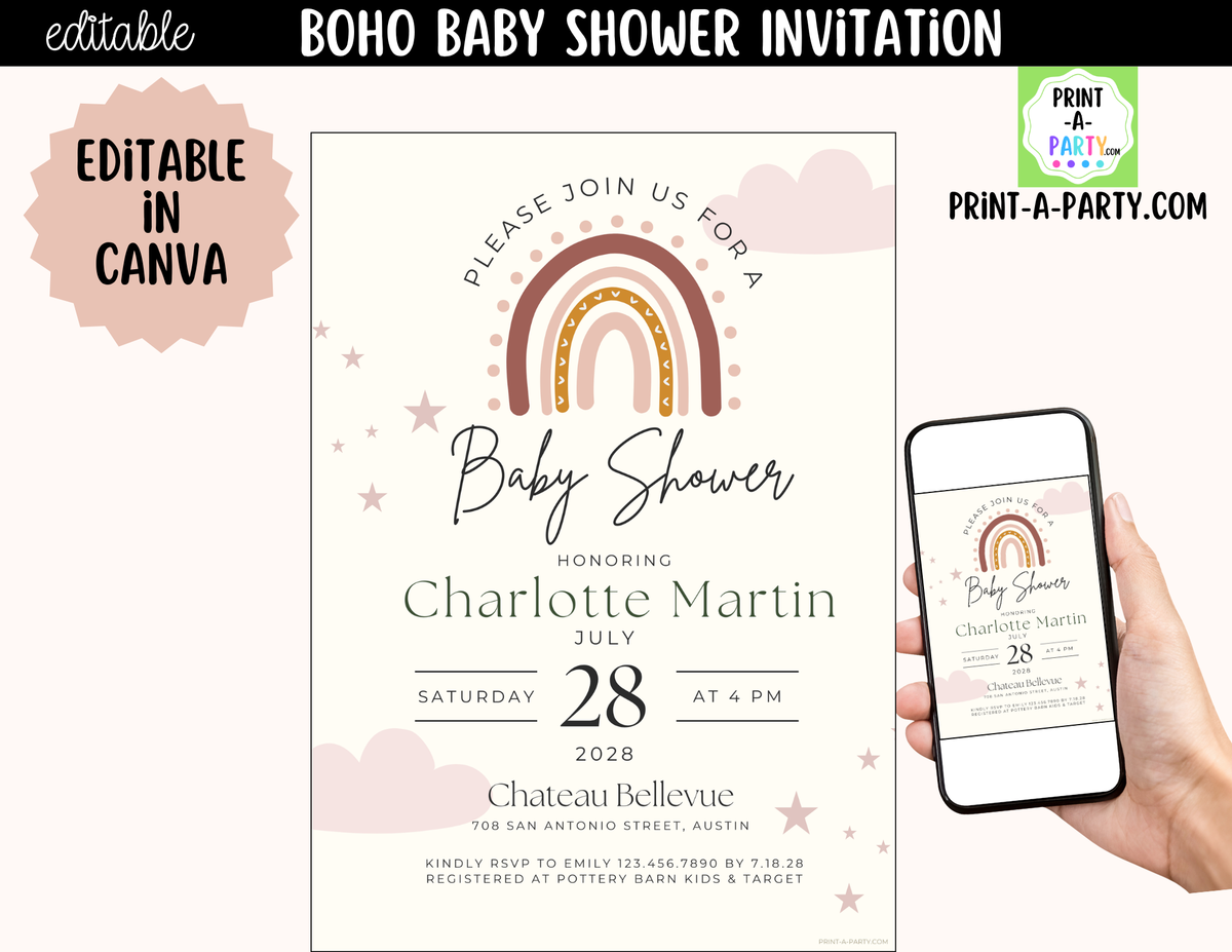 Boho Baby Shower Invitation Editable Template