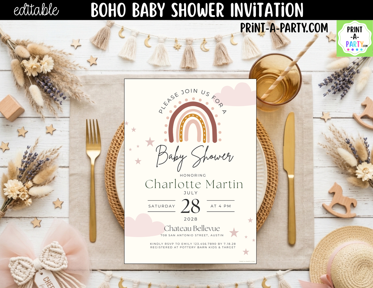 Boho Baby Shower Invitation Editable Template