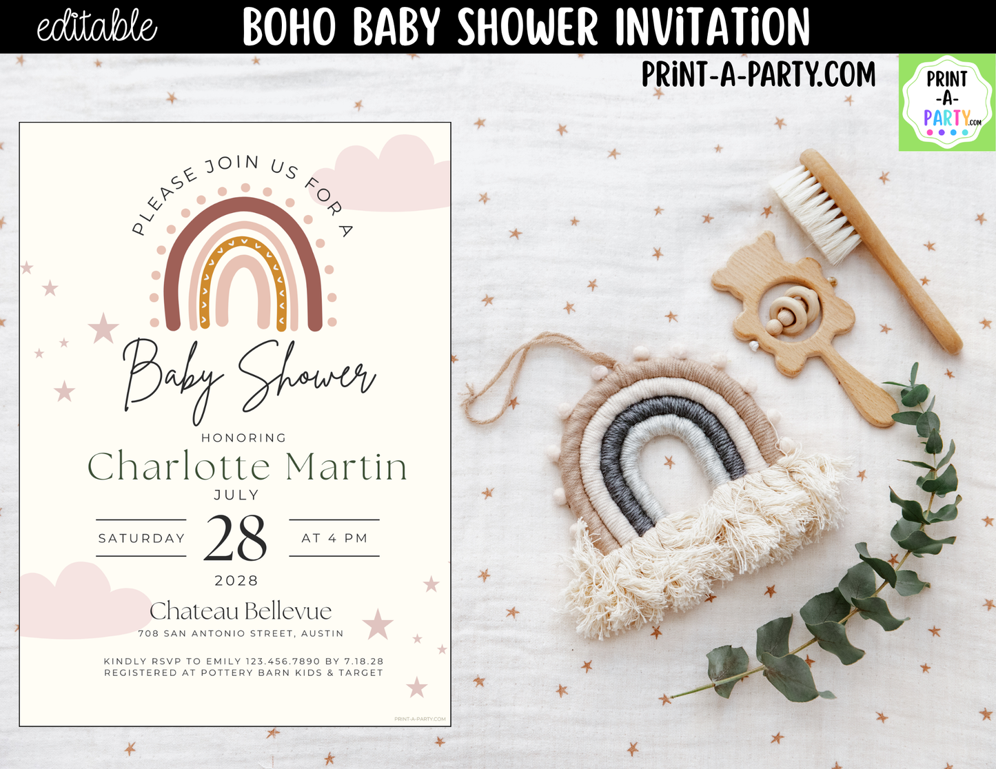 Boho Baby Shower Invitation Editable Template