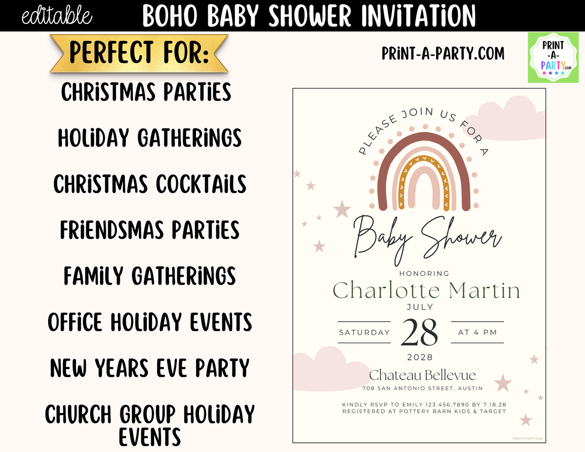 Boho Baby Shower Invitation Editable Template