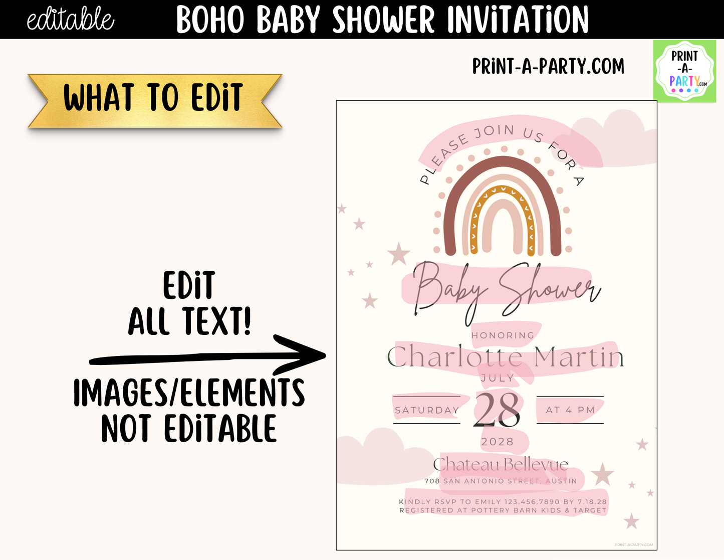Boho Baby Shower Invitation Editable Template