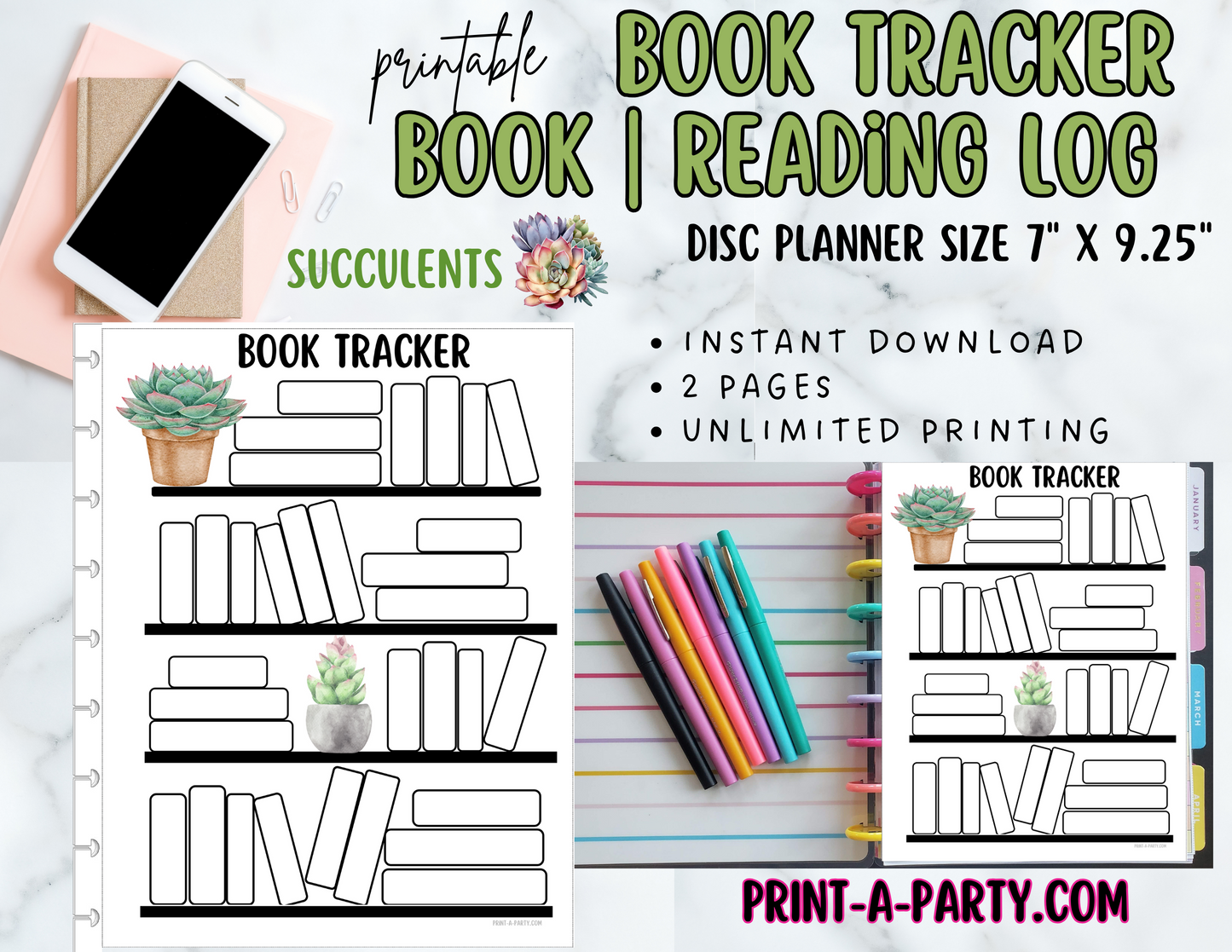 Book Tracker | Reading Log | Book Log | POTTED PLANTS | SUCCULENTS | Disc Planner Size 9.25" x 7"