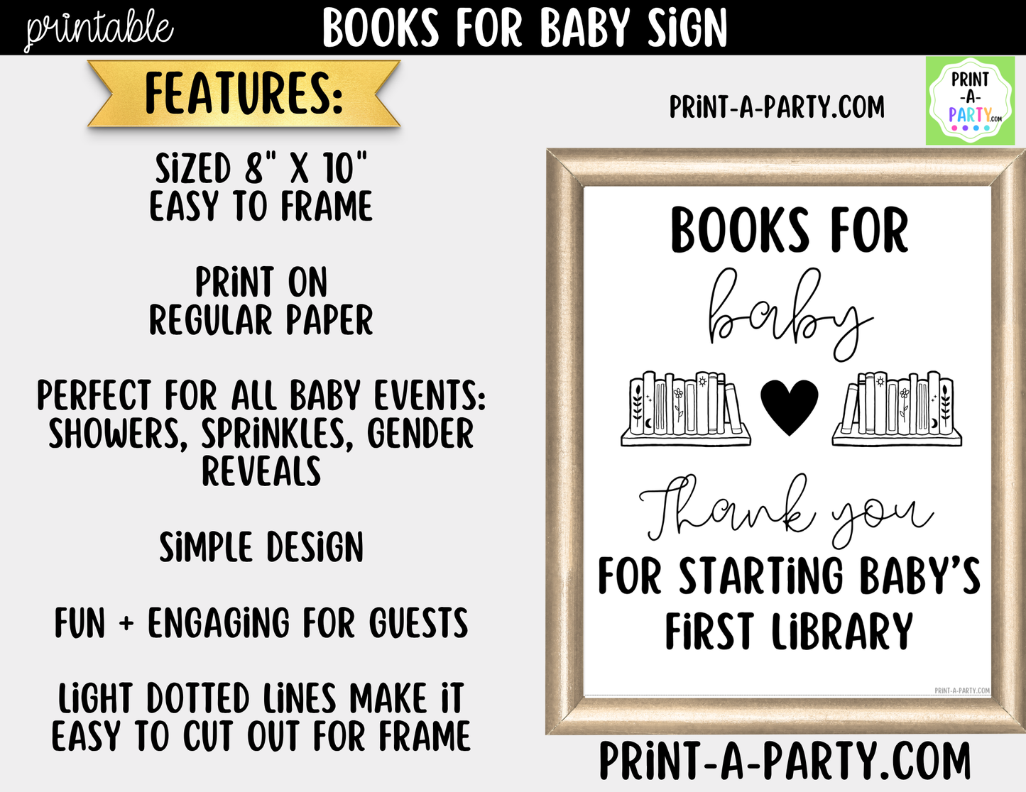Books For Baby Printable Sign (8x10) – For Baby Shower and Events