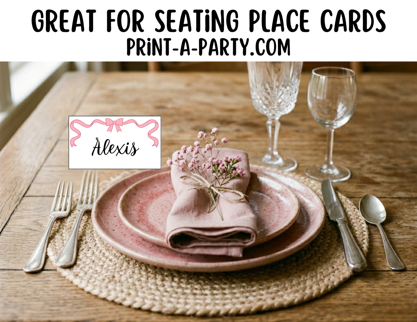 Editable Pink Bow Buffet Labels & Place Cards for Parties, Showers and Coquette Events