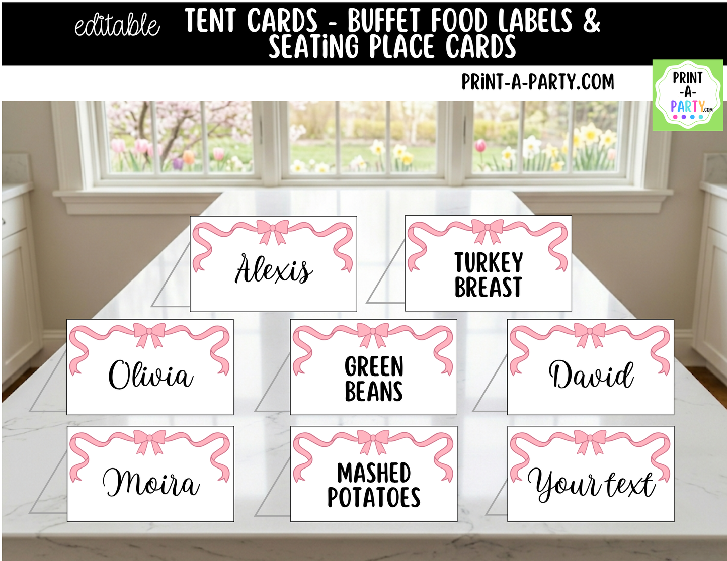 Editable Pink Bow Buffet Labels & Place Cards for Parties, Showers and Coquette Events