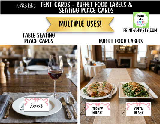 Editable Pink Bow Buffet Labels & Place Cards for Parties, Showers and Coquette Events