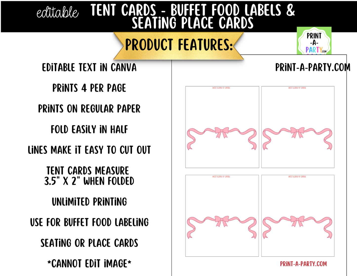 Editable Pink Bow Buffet Labels & Place Cards for Parties, Showers and Coquette Events