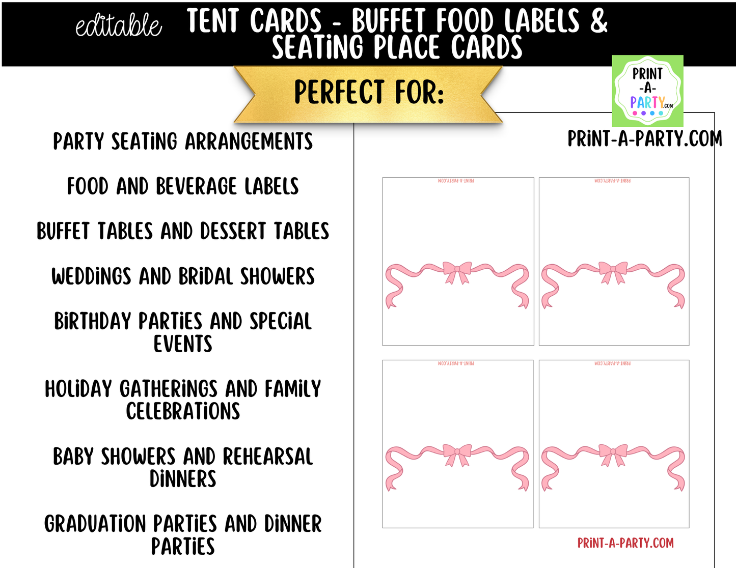 Editable Pink Bow Buffet Labels & Place Cards for Parties, Showers and Coquette Events