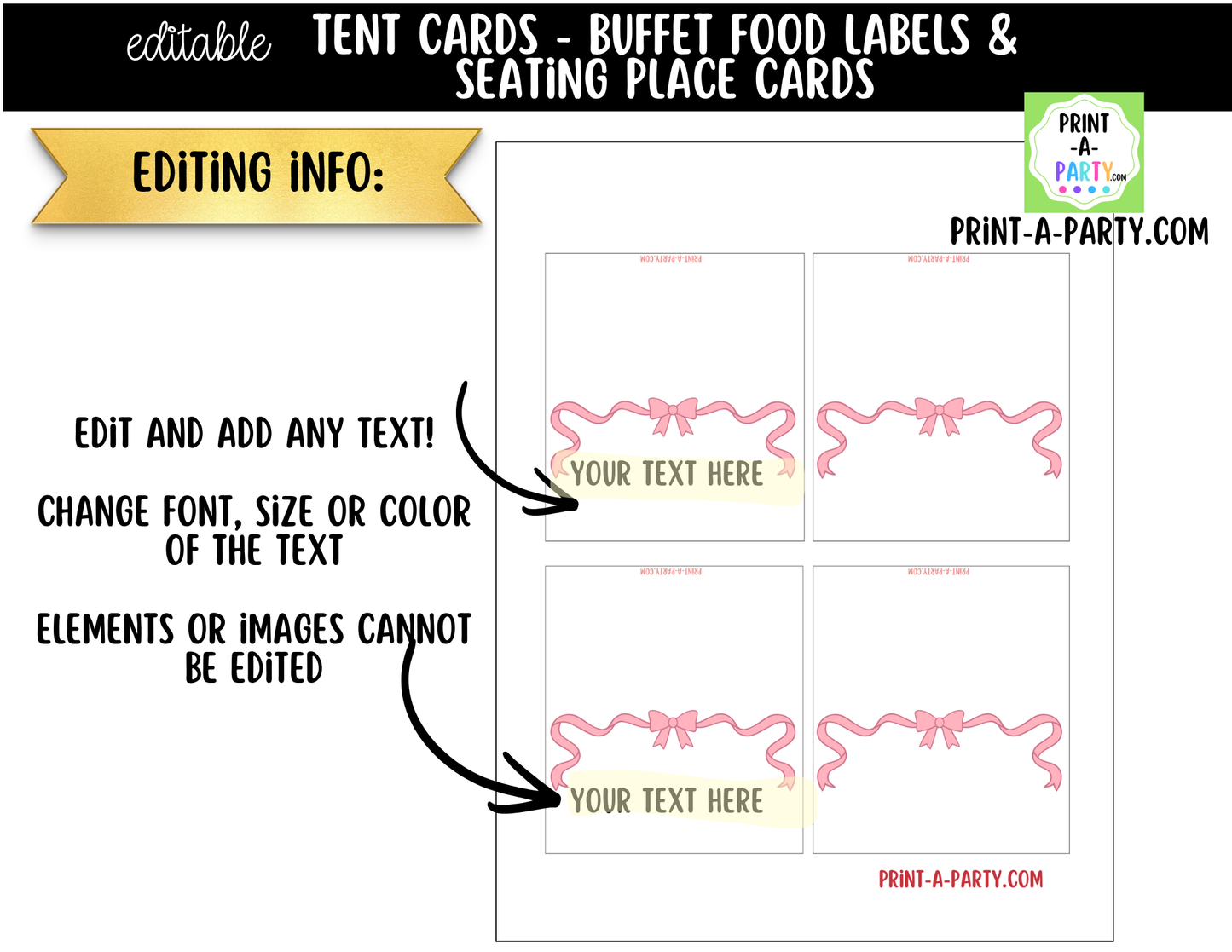 Editable Pink Bow Buffet Labels & Place Cards for Parties, Showers and Coquette Events