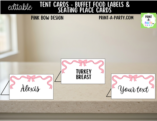 Editable Pink Bow Buffet Labels & Place Cards for Parties, Showers and Coquette Events