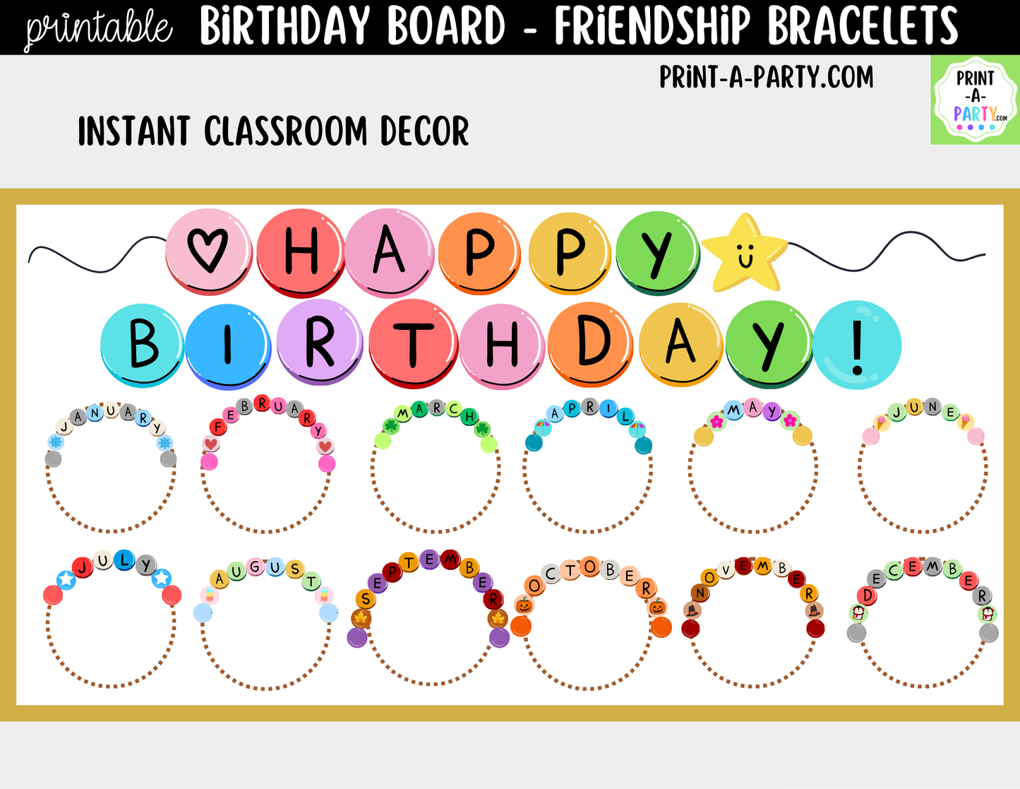 Birthday Display Printable for Classroom - Friendship Bracelets, Student Birthday Decor, Bulletin Board Kit