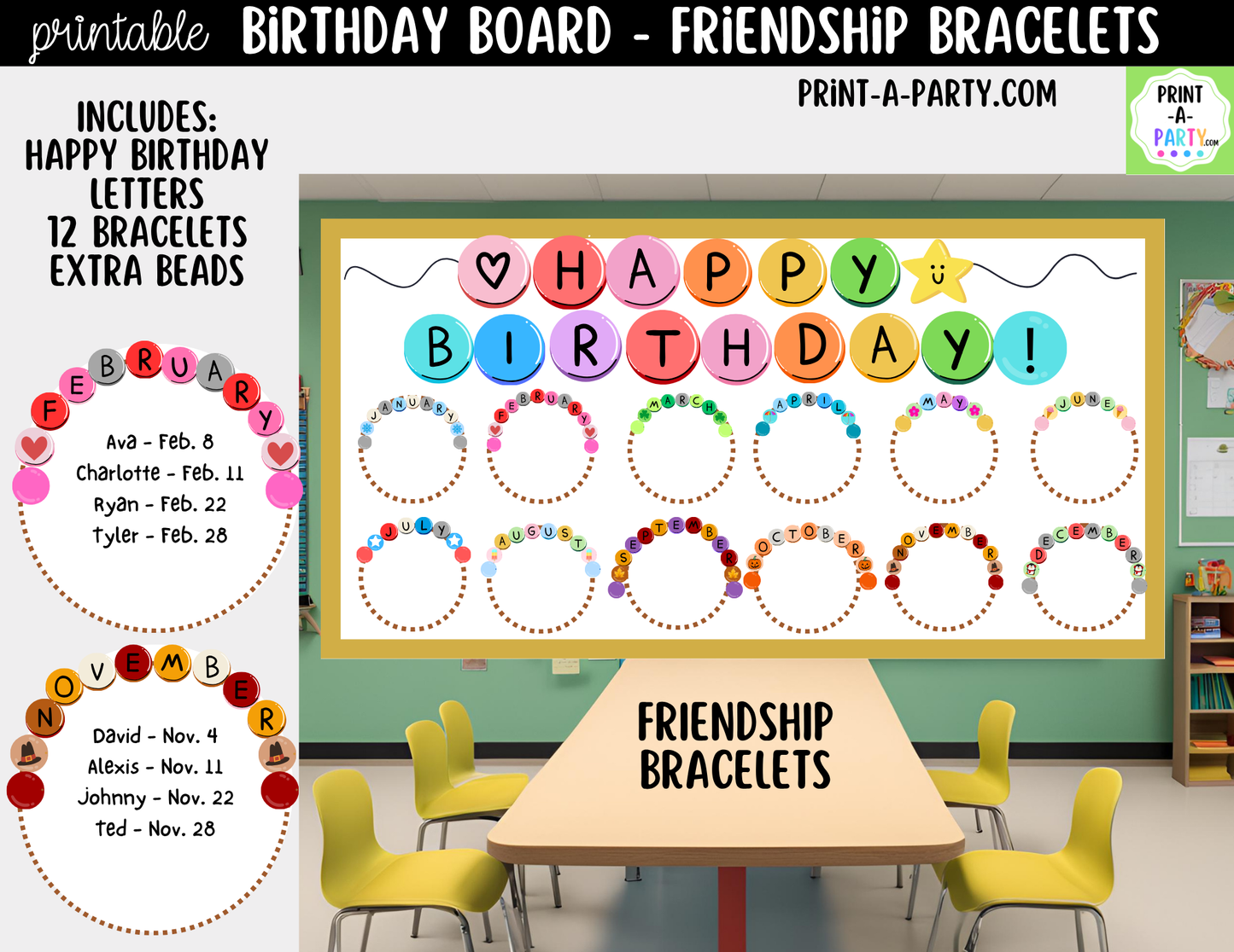 Birthday Display Printable for Classroom - Friendship Bracelets, Student Birthday Decor, Bulletin Board Kit